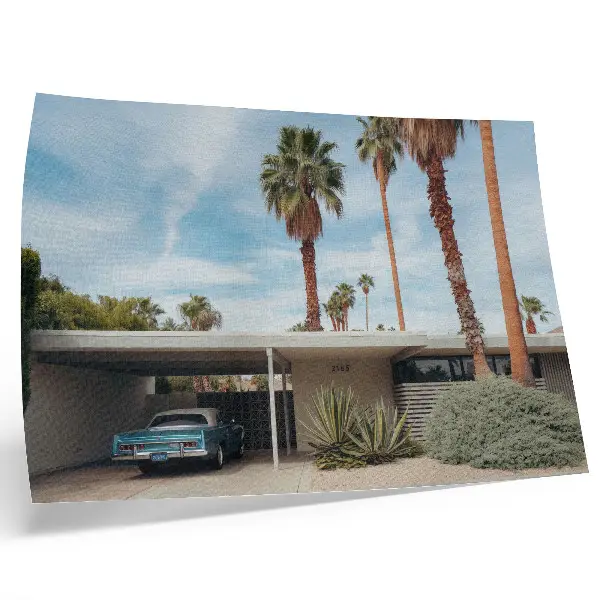 Poster exotic palm trees with a modernist house and classic car