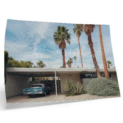Poster exotic palm trees with a modernist house and classic car