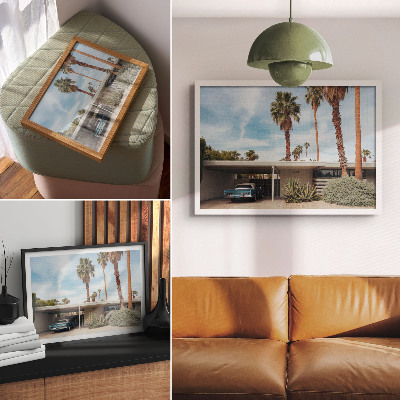 Poster Exotic palm trees modernist house classic car