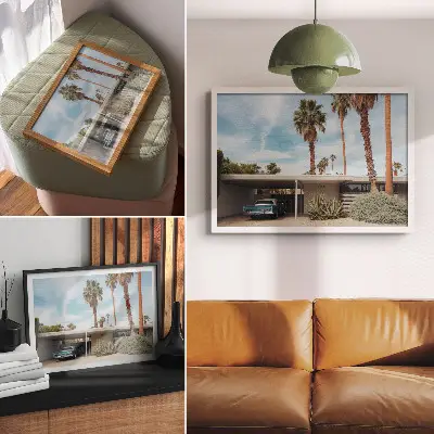 Poster exotic palm trees with a modernist house and classic car