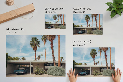 Poster Exotic palm trees modernist house classic car