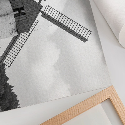 Decorative canvas print A black and white windmill in a field with horses
