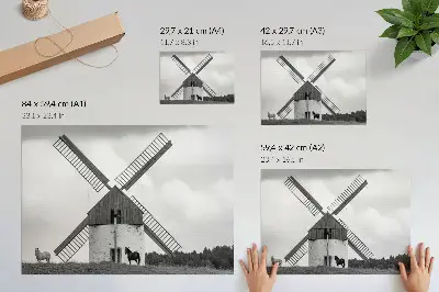 Decorative canvas print featuring a black and white windmill in a field with horses
