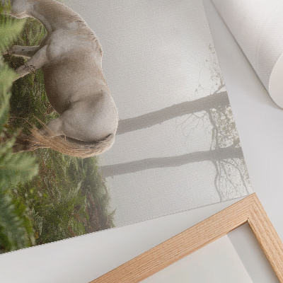 Poster A horse against a background of ferns in a misty forest