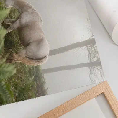 Poster a horse in a misty forest with ferns