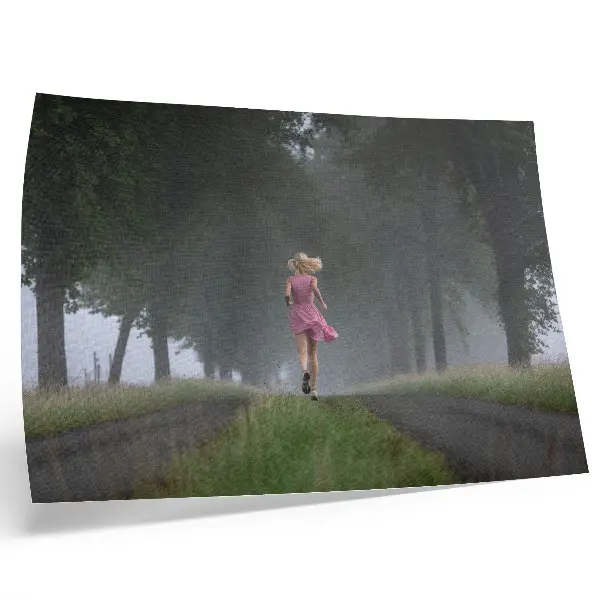 Decorative canvas print running figure in a foggy alleyway with green trees