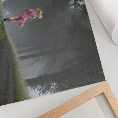 Decorative canvas print Running figure alley fog trees green