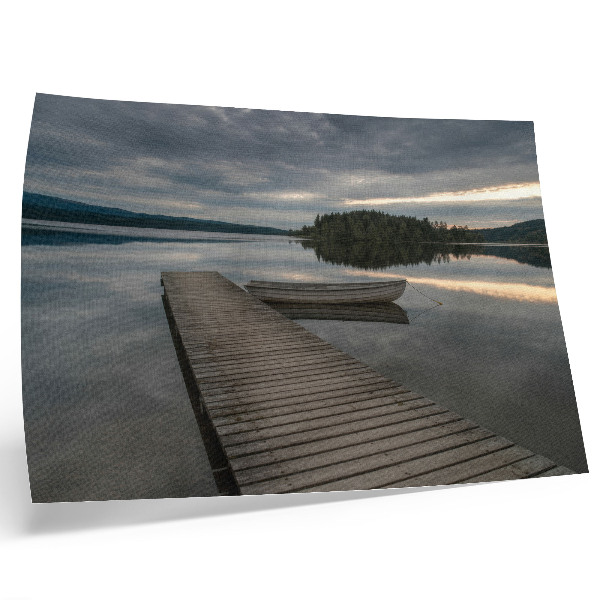 Decorative canvas print Lake, boat, forest, clouds, calming atmosphere