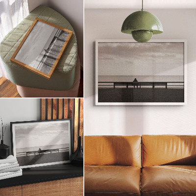 Decorative canvas print Person on a bench by the sea gray harmony