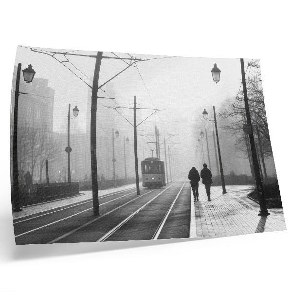 Decorative canvas print Tram fog streetlights urban atmosphere
