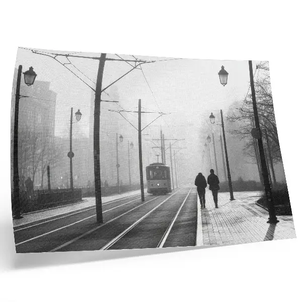 Decorative canvas print tram in streetlights with urban atmosphere