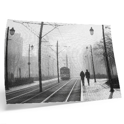 Decorative canvas print Tram fog streetlights urban atmosphere