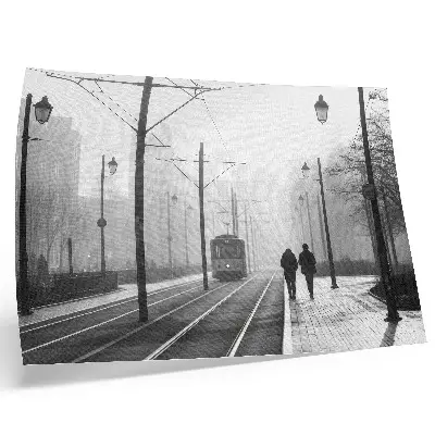 Decorative canvas print tram in streetlights with urban atmosphere