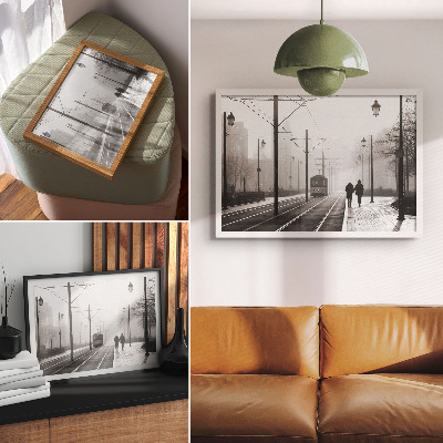 Decorative canvas print Tram fog streetlights urban atmosphere