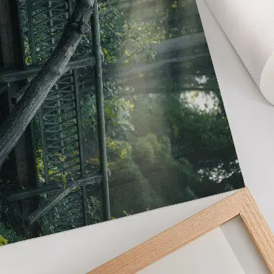 Poster a wooden bridge surrounded by greenery and sunlight