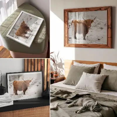 Photo canvas featuring a Scottish cow in a snowy landscape