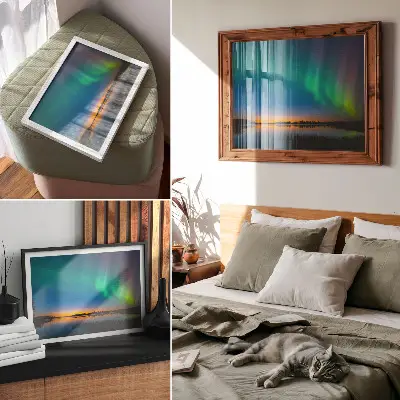 Decorative canvas print aurora over a lake with a magical atmosphere