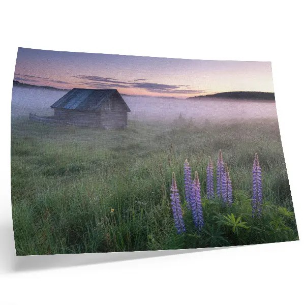 Decorative canvas print featuring a picturesque wooden cottage amidst foggy nature and flowers