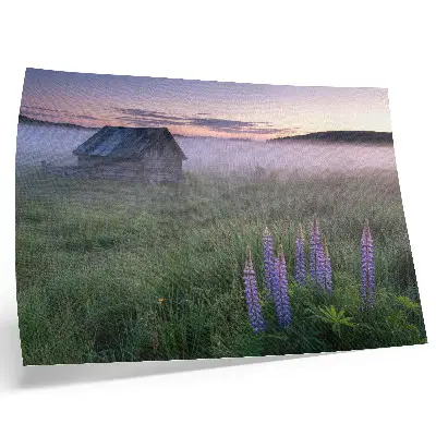 Decorative canvas print featuring a picturesque wooden cottage amidst foggy nature and flowers