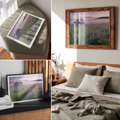 Decorative canvas print featuring a picturesque wooden cottage amidst foggy nature and flowers