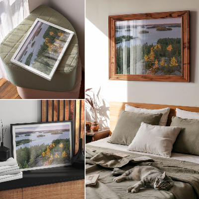 Poster Pine forest island lake pastel sky