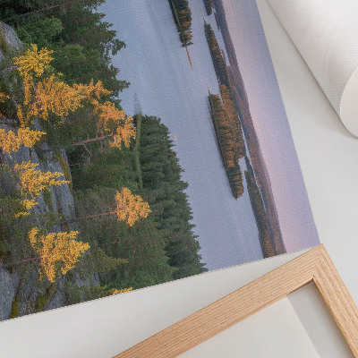 Poster Pine forest island lake pastel sky