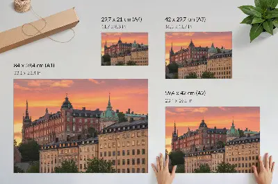 Decorative canvas print featuring a sunset over charming historical buildings