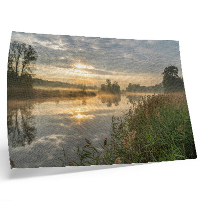 Decorative canvas print A foggy morning by the lake with reflections of nature