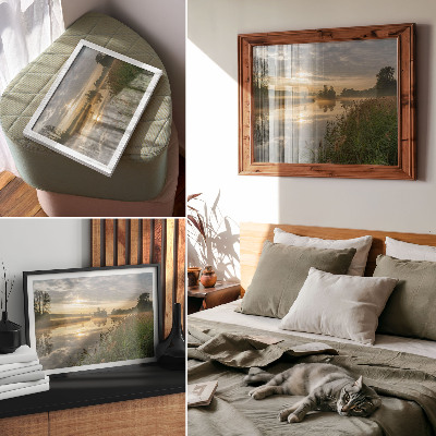Decorative canvas print A foggy morning by the lake with reflections of nature