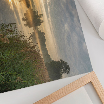Decorative canvas print A foggy morning by the lake with reflections of nature