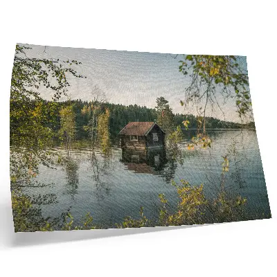 Poster lake cottage with forest and water reflection