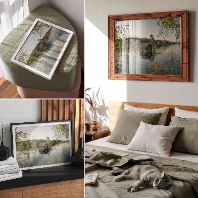 Poster Lake cottage with forest water reflection peace
