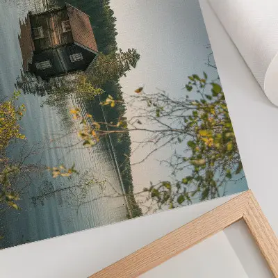 Poster lake cottage with forest and water reflection