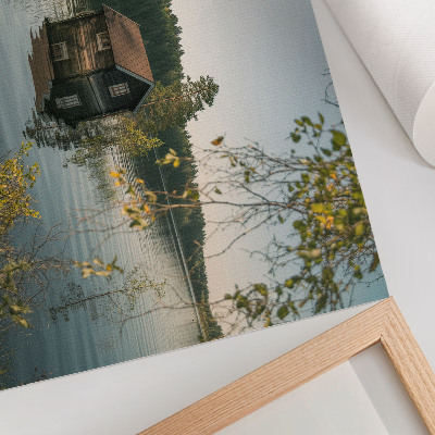 Poster Lake cottage with forest water reflection peace