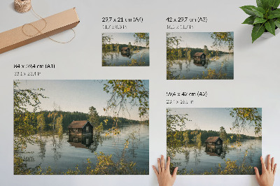 Poster Lake cottage with forest water reflection peace