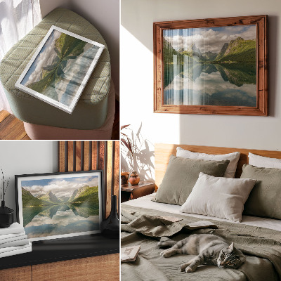 Photo canvas Picturesque mountains above the lake, clear reflection