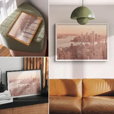 Decorative canvas print tall skyscrapers at sunset in warm colors