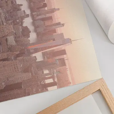 Decorative canvas print tall skyscrapers at sunset in warm colors