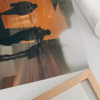 Photo canvas city in the evening with neon orange reflections