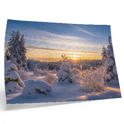 Decorative canvas print Winter landscape with snow and sun on the horizon