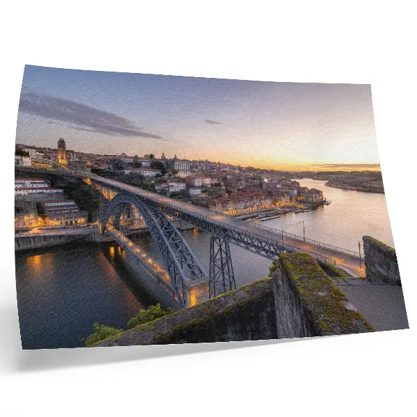 Decorative canvas print bridge at sunset with city skyline backdrop