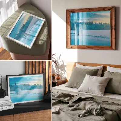 Photo canvas winter landscape with a calm lake and sky among the trees