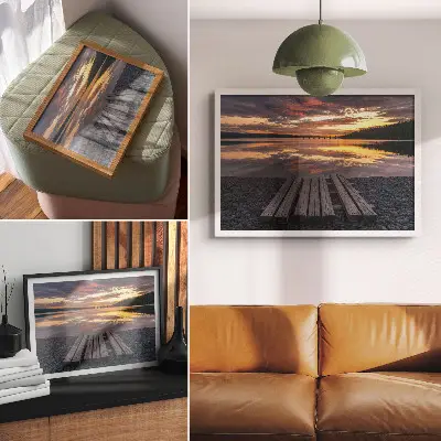 Decorative canvas print lake in the sunset with warm wood tones