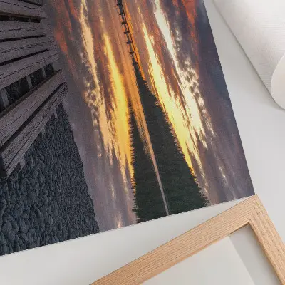Decorative canvas print lake in the sunset with warm wood tones