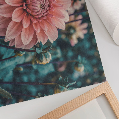Decorative canvas print Pink dahlia and green leaves modern composition