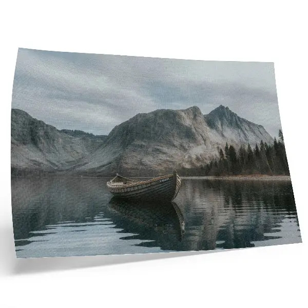 Poster featuring a peaceful mountain lake with a boat