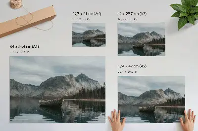 Poster featuring a peaceful mountain lake with a boat