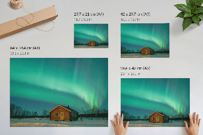 Decorative canvas print Northern Lights over the winter cottage