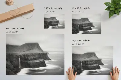 Poster peaceful landscape with a waterfall and mountains