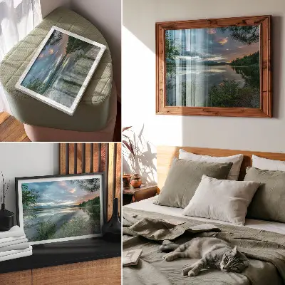 Decorative canvas print featuring a calm lake with green trees and sky reflections